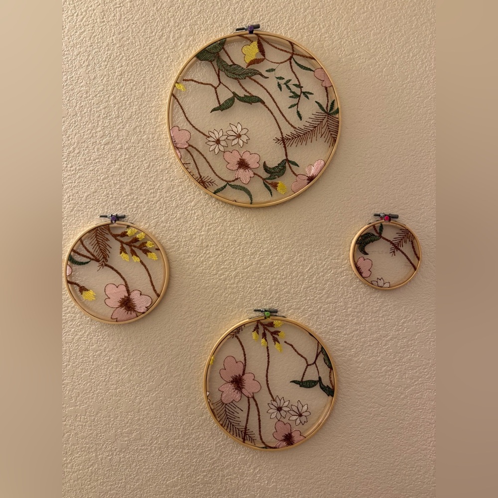 Handmade Floral Embroidery Hoop Wall Decor Set - Pink and Yellow